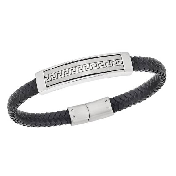 Βραχιόλι Senza Men&#039;s Steel Black Leather Strap, με Μαίανδρο