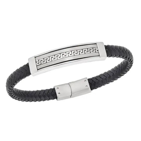 Βραχιόλι Senza Men&#039;s Steel Black Leather Strap, με Μαίανδρο