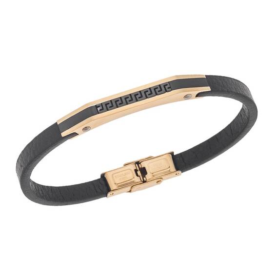 Βραχιόλι Senza Men&#039;s Gold Plated Steel Black Leather Strap, με Μαίανδρο