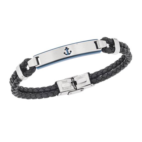 Βραχιόλι Senza Men&#039;s Steel, Black Leather Strap With Anchor