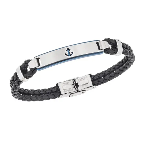 Βραχιόλι Senza Men&#039;s Steel, Black Leather Strap With Anchor