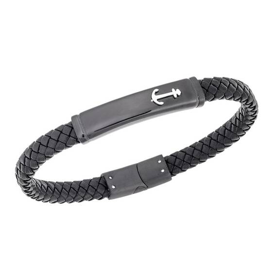 Βραχιόλι Senza Men&#039;s Steel, Black Leather Strap With Anchor