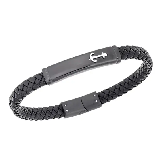 Βραχιόλι Senza Men&#039;s Steel, Black Leather Strap With Anchor