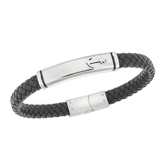 Βραχιόλι Senza Men&#039;s Steel, Black Leather Strap With Anchor