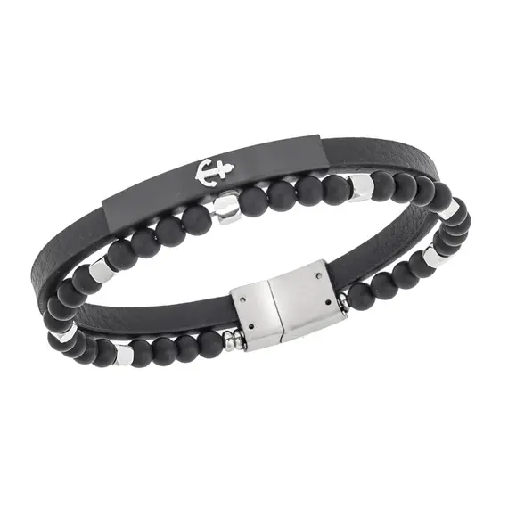 Βραχιόλι Senza Men&#039;s Steel, Black Leather Strap With Anchor