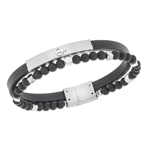 Βραχιόλι Senza Men&#039;s Steel, Black Leather Strap With Anchor