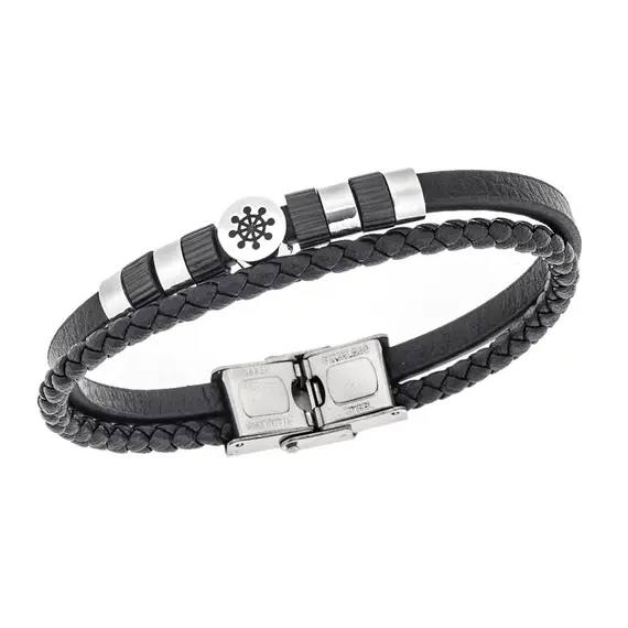 Βραχιόλι Senza Men&#039;s Steel, Black Leather Strap, με τιμόνι και μαύρα στοιχεία