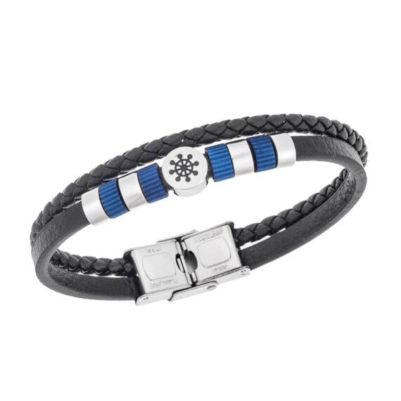 Βραχιόλι Senza Men&#039;s Steel, Black Leather Strap, με τιμόνι και μπλε στοιχεία