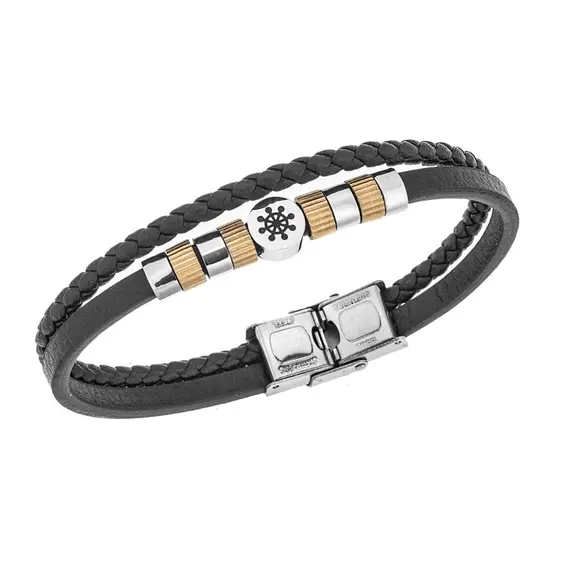 Βραχιόλι Senza Men&#039;s Steel, Black Leather Strap, με τιμόνι και χρυσά στοιχεία