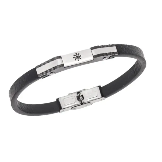 Βραχιόλι Senza Men&#039;s Steel, Black Leather Strap, Σχέδιο με τιμόνι