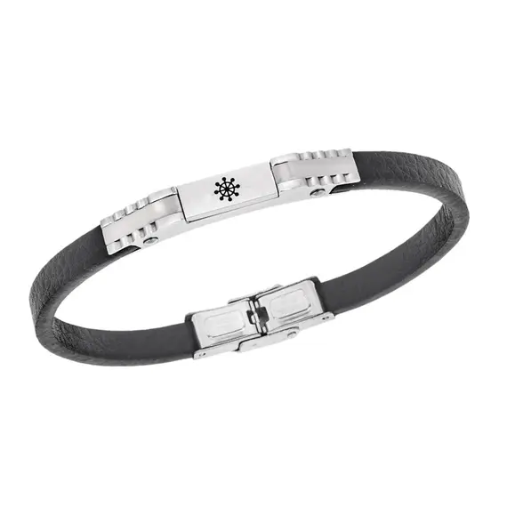 Βραχιόλι Senza Men&#039;s Steel, Black Leather Strap, Σχέδιο με τιμόνι