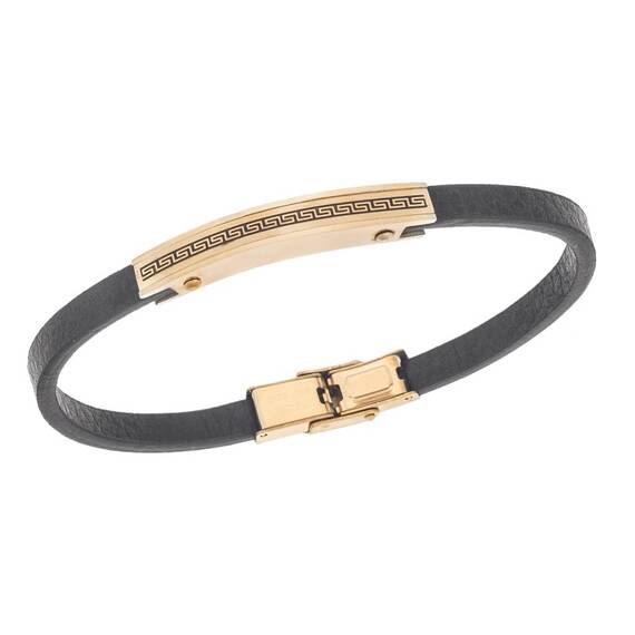 Βραχιόλι Senza Men&#039;s Gold Plated Steel, Black Leather Strap, Σχέδιο με μαίανδρο