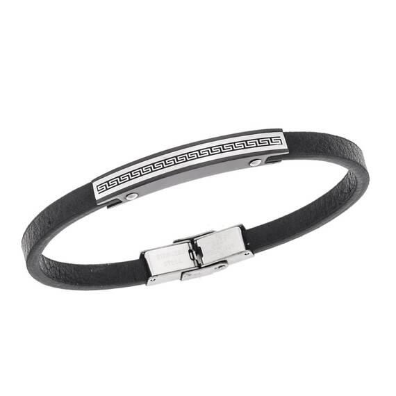 Βραχιόλι Senza Men&#039;s Steel, Black Leather Strap, Σχέδιο με μαίανδρο