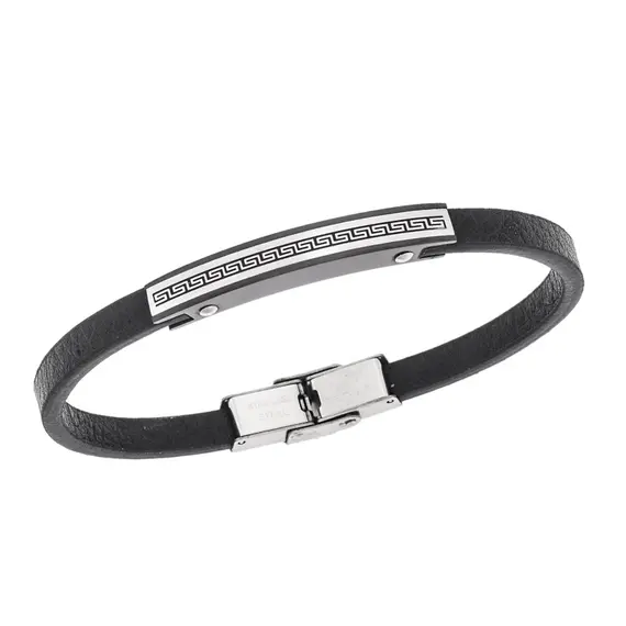 Βραχιόλι Senza Men&#039;s Steel, Black Leather Strap, Σχέδιο με μαίανδρο