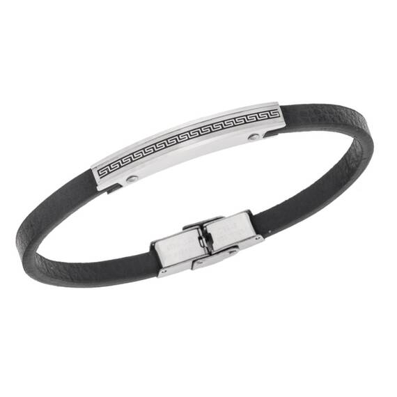 Βραχιόλι Senza Men&#039;s Steel, Black Leather Strap, Σχέδιο με μαίανδρο