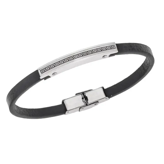 Βραχιόλι Senza Men&#039;s Steel, Black Leather Strap, Σχέδιο με μαίανδρο
