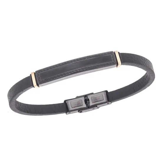 Βραχιόλι Senza Men&#039;s Steel, Black Leather Strap, Ταυτότητα με περιμετρικό μαίανδρο