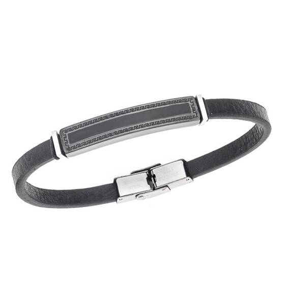 Βραχιόλι Senza Men&#039;s Steel, Black Leather Strap, Ταυτότητα με περιμετρικό μαίανδρο