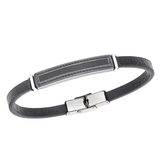 Βραχιόλι Senza Men&#039;s Steel, Black Leather Strap, Ταυτότητα με περιμετρικό μαίανδρο