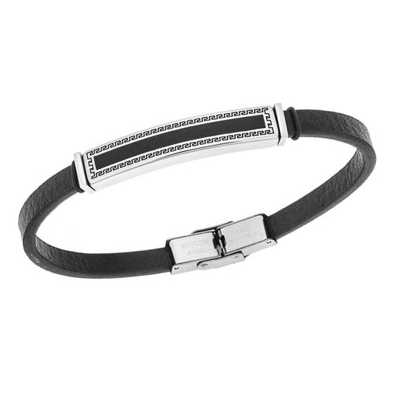 Βραχιόλι Senza Men&#039;s Steel, Black Leather Strap, Ταυτότητα με περιμετρικό μαίανδρο