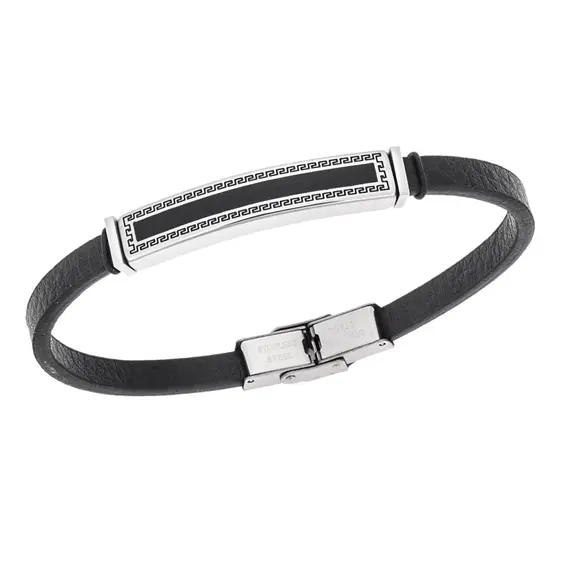 Βραχιόλι Senza Men&#039;s Steel, Black Leather Strap, Ταυτότητα με περιμετρικό μαίανδρο