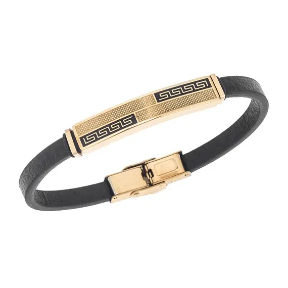 Βραχιόλι Senza Men&#039;s Gold Plated Steel, Black Leather Strap, με σχέδιο από διπλό μαίανδρο