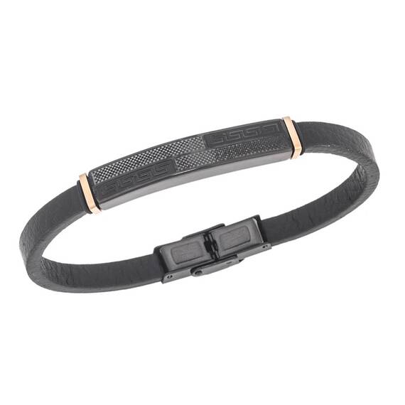 Βραχιόλι Senza Men&#039;s Steel, Black Leather Strap, με σχέδιο από διπλό μαίανδρο