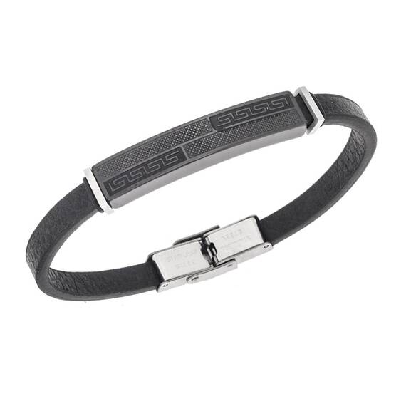 Βραχιόλι Senza Men&#039;s Steel, Black Leather Strap, με σχέδιο από διπλό μαίανδρο