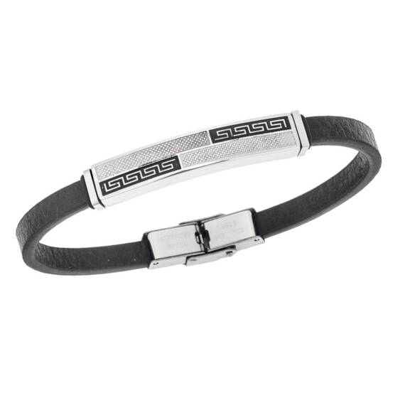 Βραχιόλι Senza Men&#039;s Steel, Black Leather Strap, με σχέδιο από διπλό μαίανδρο