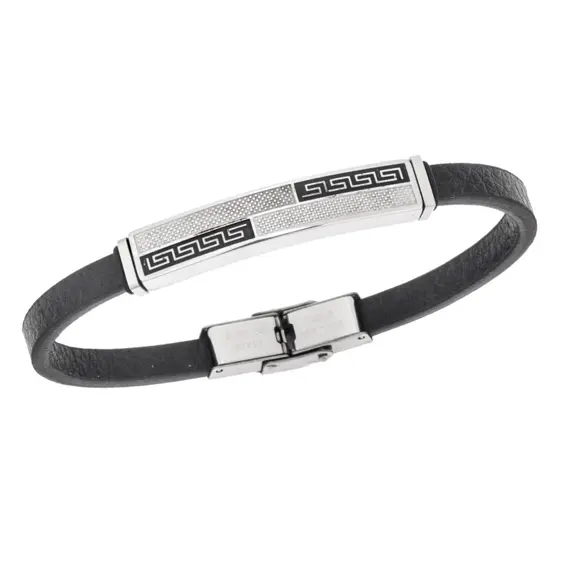 Βραχιόλι Senza Men&#039;s Steel, Black Leather Strap, με σχέδιο από διπλό μαίανδρο