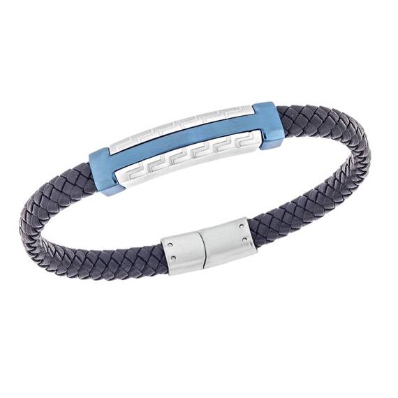 Βραχιόλι Senza Men&#039;s Steel, Black Leather Strap, Δίχρωμο σχέδιο με διπλό μαίανδρο