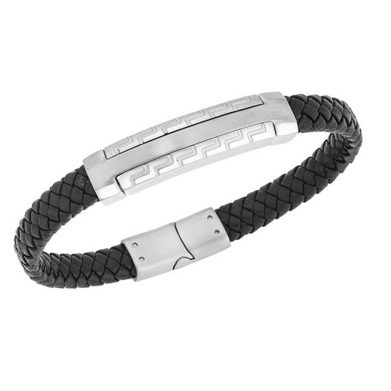 Βραχιόλι Senza Men&#039;s Steel, Black Leather Strap, Δίχρωμο σχέδιο με διπλό μαίανδρο
