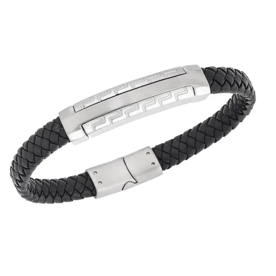 Βραχιόλι Senza Men&#039;s Steel, Black Leather Strap, Δίχρωμο σχέδιο με διπλό μαίανδρο