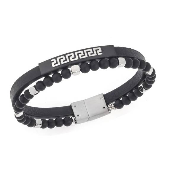 Βραχιόλι Senza Men&#039;s Steel, Black Leather Strap, Διπλό με ασημί μαίανδρο