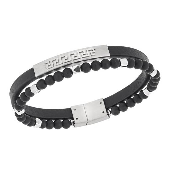 Βραχιόλι Senza Men&#039;s Steel, Black Leather Strap, Διπλό με ασημί μαίανδρο