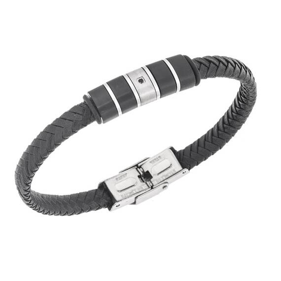 Βραχιόλι Senza Men&#039;s Steel, Black Leather Strap, με ασημί &amp; μαύρα στοιχεία και μαύρη πέτρα
