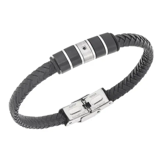 Βραχιόλι Senza Men&#039;s Steel, Black Leather Strap, με ασημί &amp; μαύρα στοιχεία και μαύρη πέτρα