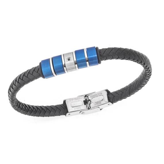 Βραχιόλι Senza Men&#039;s Steel, Black Leather Strap, με ασημί &amp; μπλε στοιχεία και μαύρη πέτρα