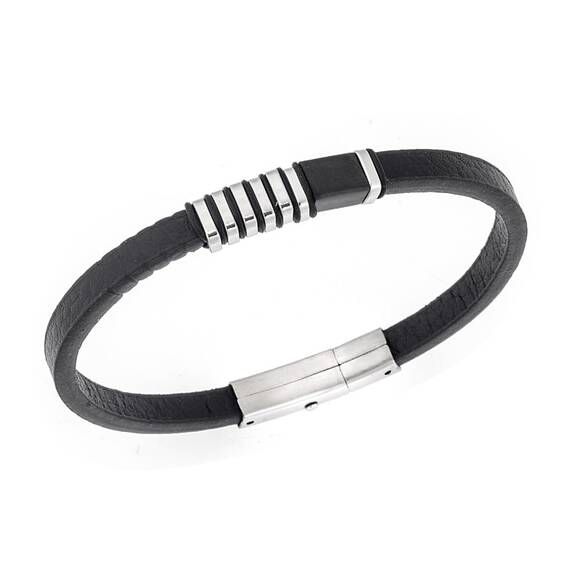 Βραχιόλι Senza Men&#039;s Steel, Black Leather Strap, με ασημί &amp; μαύρα στοιχεία