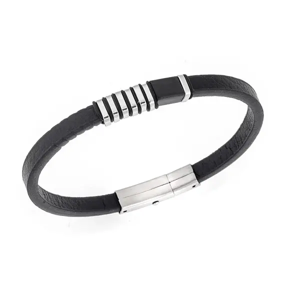 Βραχιόλι Senza Men&#039;s Steel, Black Leather Strap, με ασημί &amp; μαύρα στοιχεία