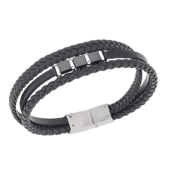Βραχιόλι τριπλό Senza Men&#039;s Steel, Black Leather Strap, με ασημί &amp; μαύρα στοιχεία
