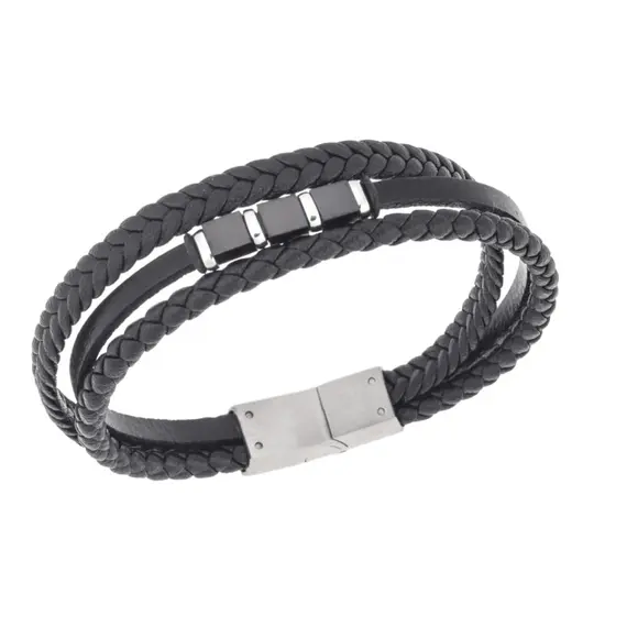 Βραχιόλι τριπλό Senza Men&#039;s Steel, Black Leather Strap, με ασημί &amp; μαύρα στοιχεία