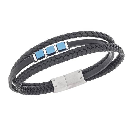 Βραχιόλι τριπλό Senza Men&#039;s Steel, Black Leather Strap, με ασημί &amp; μπλε στοιχεία
