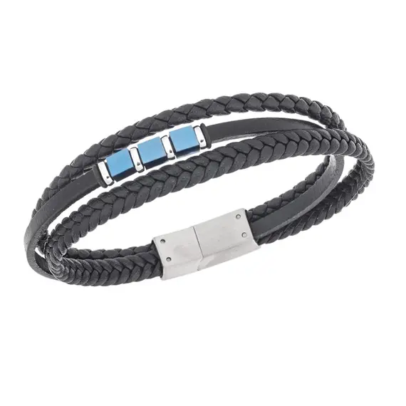 Βραχιόλι τριπλό Senza Men&#039;s Steel, Black Leather Strap, με ασημί &amp; μπλε στοιχεία
