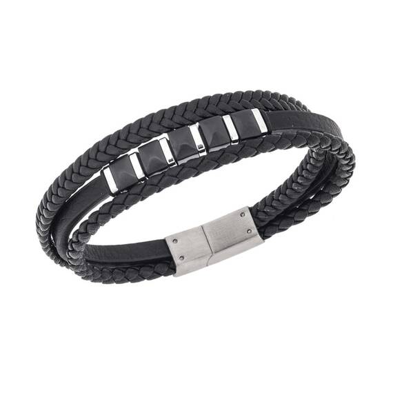 Βραχιόλι τριπλό Senza Men&#039;s Steel, Black Leather Strap, με ασημί &amp; μαύρα στοιχεία