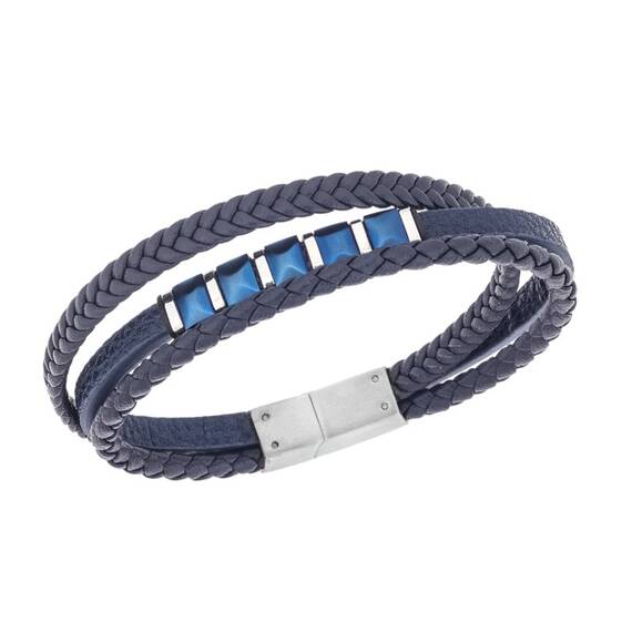 Βραχιόλι τριπλό Senza Men&#039;s Steel, Blue Leather Strap, με ασημί &amp; μπλε στοιχεία