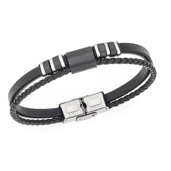 Βραχιόλι διπλό Senza Men&#039;s Steel, Black Leather Strap, με ασημί &amp; μαύρα στοιχεία