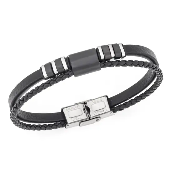 Βραχιόλι διπλό Senza Men&#039;s Steel, Black Leather Strap, με ασημί &amp; μαύρα στοιχεία
