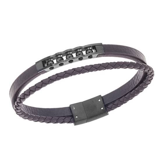 Βραχιόλι διπλό Senza Men&#039;s Steel, Brown Leather Strap, με μαύρο σχέδιο