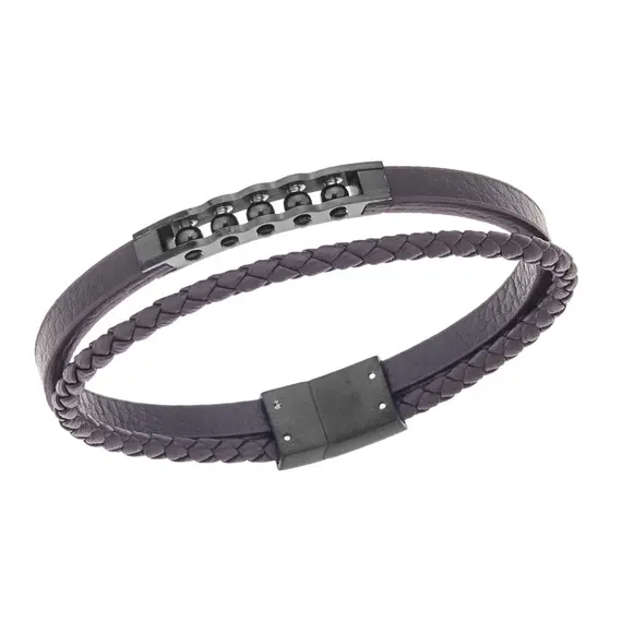 Βραχιόλι διπλό Senza Men&#039;s Steel, Brown Leather Strap, με μαύρο σχέδιο